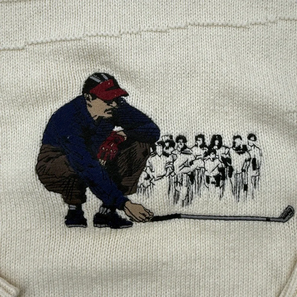 VTG Carmel Golf Sweater Men Large Cream Textured Landscape Embroidered USA 90s